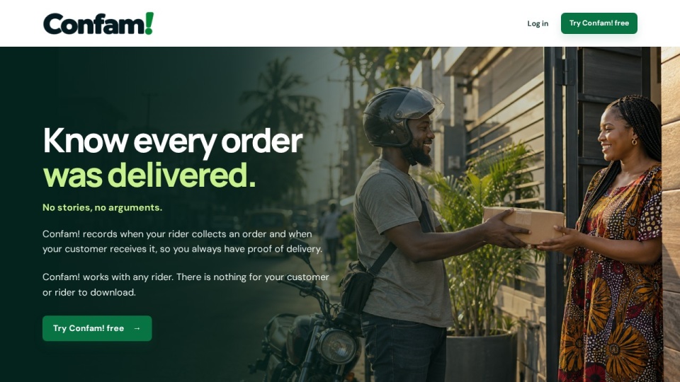 Confam! landing page showing a rider handing a delivered order to a customer