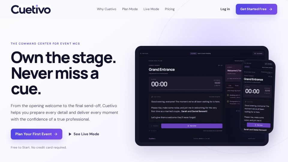Cuetivo landing page for event masters of ceremonies