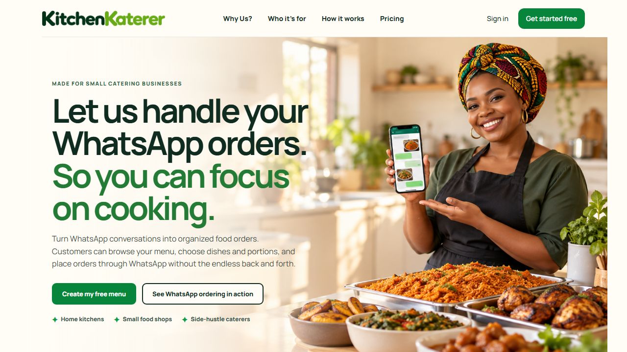 Kitchen Katerer landing page promoting WhatsApp ordering for caterers