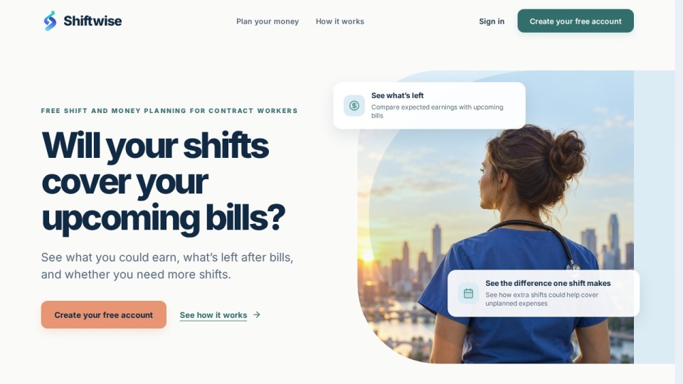 Shiftwise landing page for contract workers planning shifts and money
